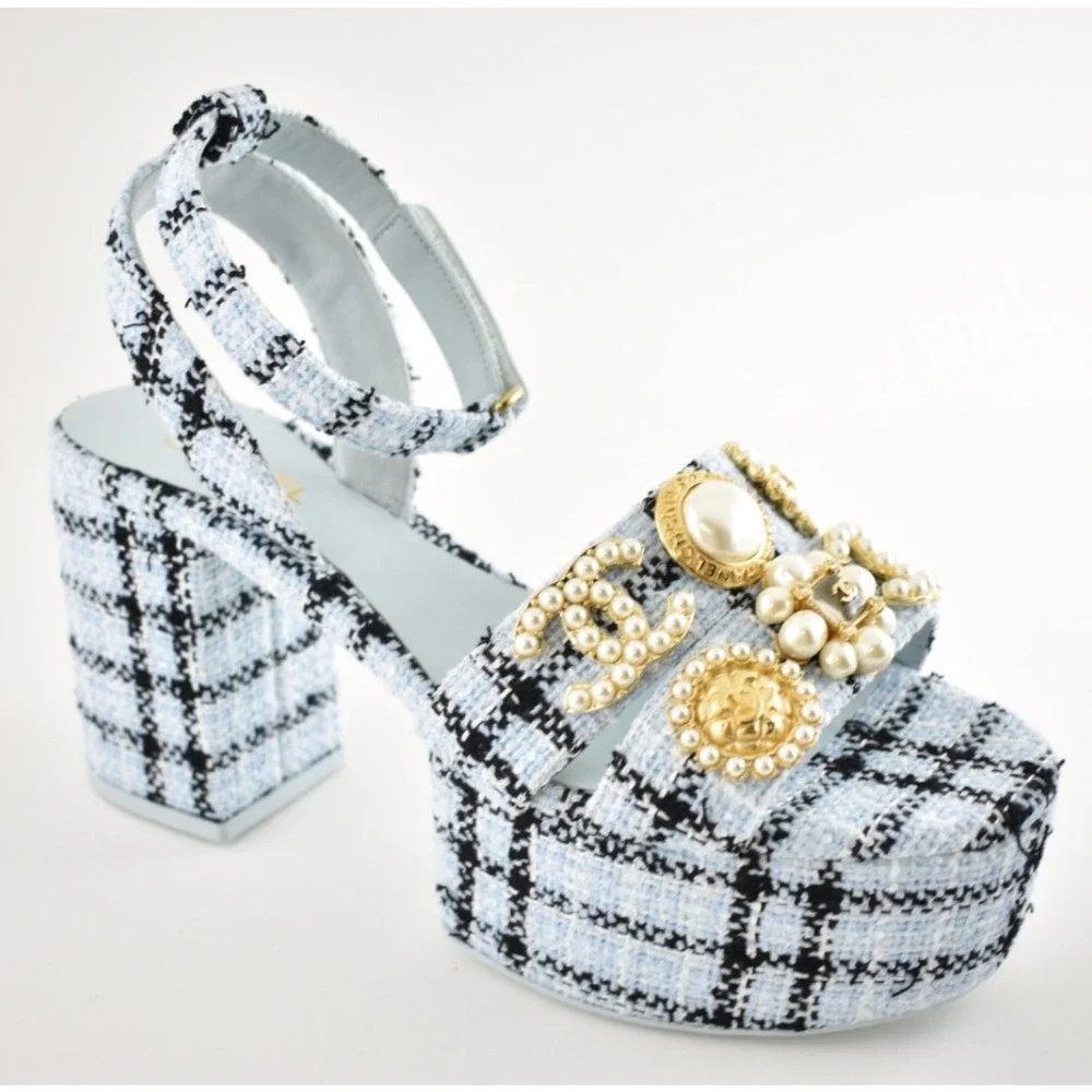 Chanel 25S Blue Black Tweed Pearl CC Logo Platform Strap Block Heel Sandal 40